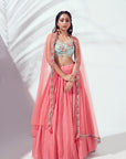 Elegant One Shoulder Lehenga with Mirror Work and Feather Details