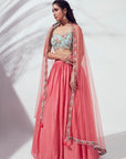 Elegant One Shoulder Lehenga with Mirror Work and Feather Details