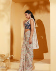 Off White Ruffle Pre-Drape Saree with Embroidered Blouse