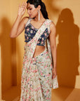 Off White Ruffle Pre-Drape Saree with Embroidered Blouse