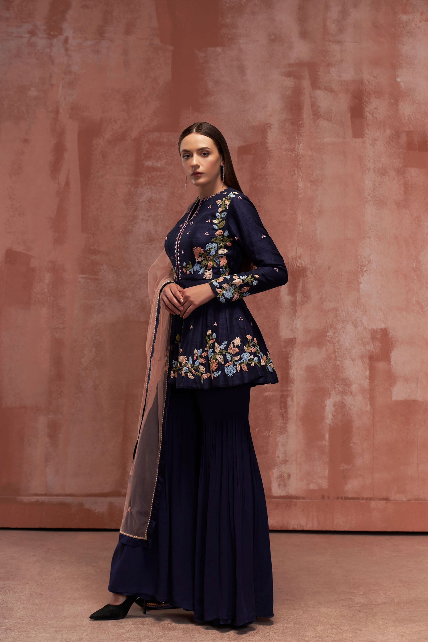 Green Georgette Anarkali with Sequin Embroidered Yoke and Ombre Pleated Flare