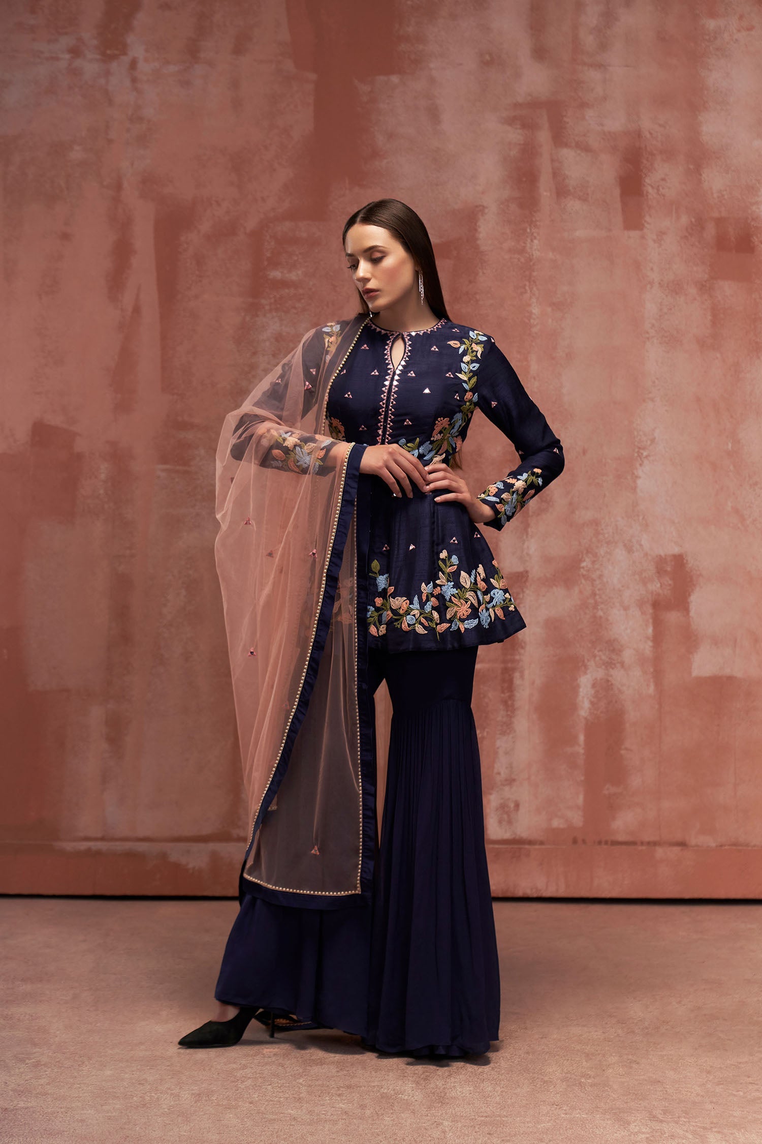 Green Georgette Anarkali with Sequin Embroidered Yoke and Ombre Pleated Flare