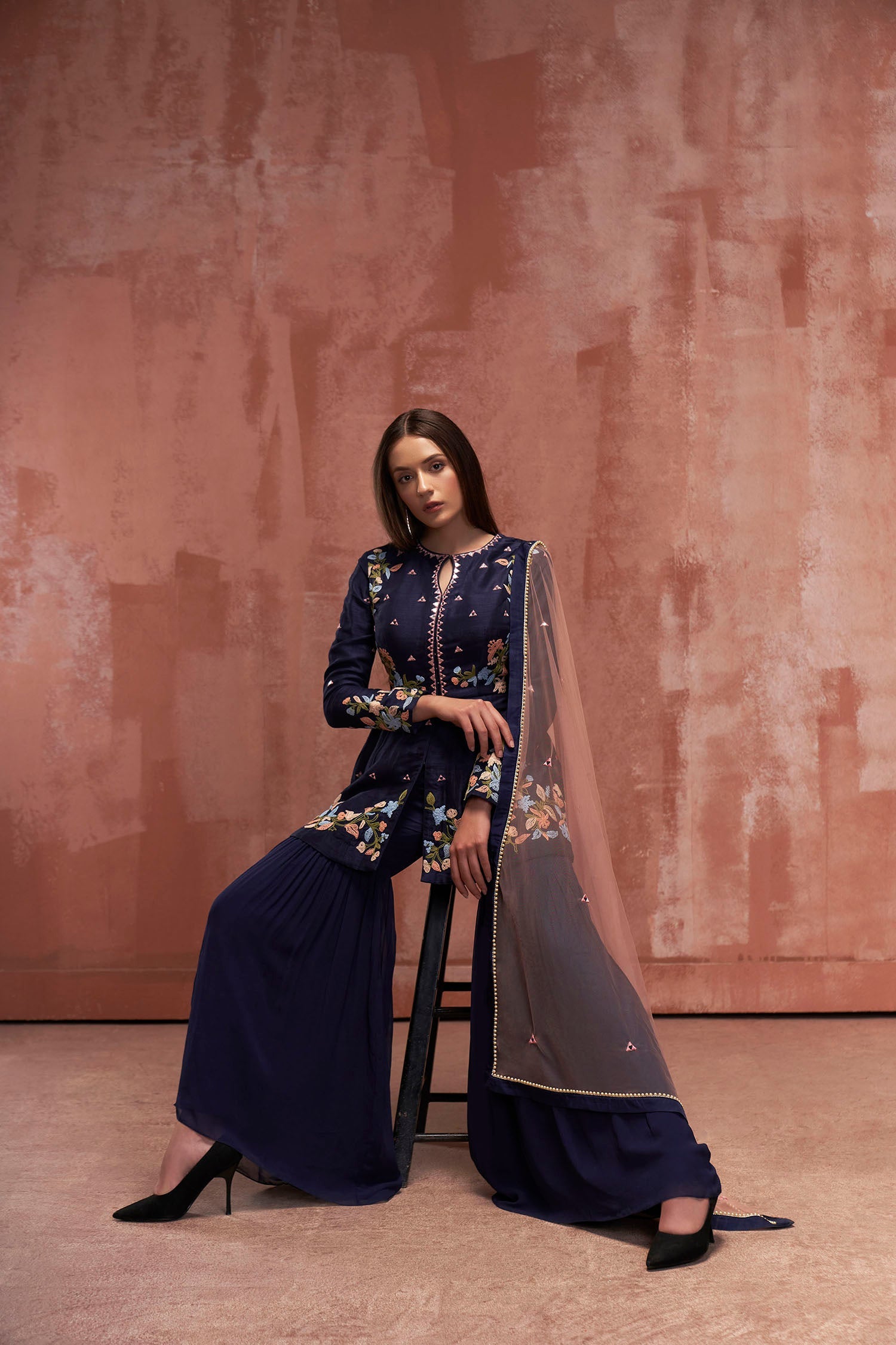 Green Georgette Anarkali with Sequin Embroidered Yoke and Ombre Pleated Flare