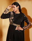 Hand Embroidered Pre-Draped Layered Saree with Paneled Skirt