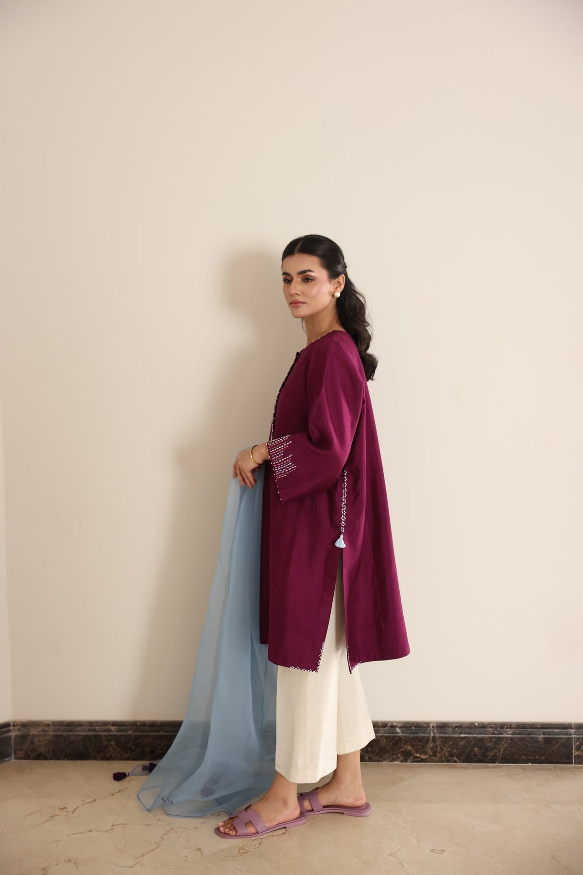 Khushboo &amp; Pankaj Wine Berry Kurta Set with Organza Dupatta
