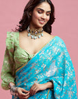 Turquoise Georgette & Recycled Polyester Barfi Saree Set