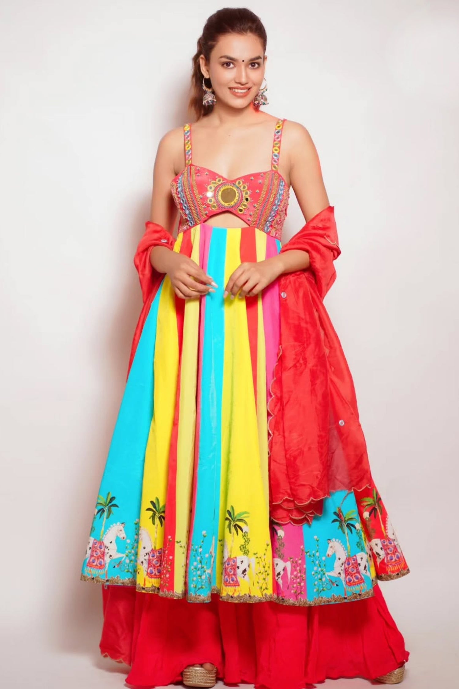 Red Horse Print Anarkali Suit Set (Set Of 3)