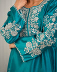 Khushboo & Pankaj Teal Blue Kurta Set with Intricate Silver Work