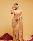 Traditional Georgette Banarasi Bandhani Saree in Light Orange and Blue