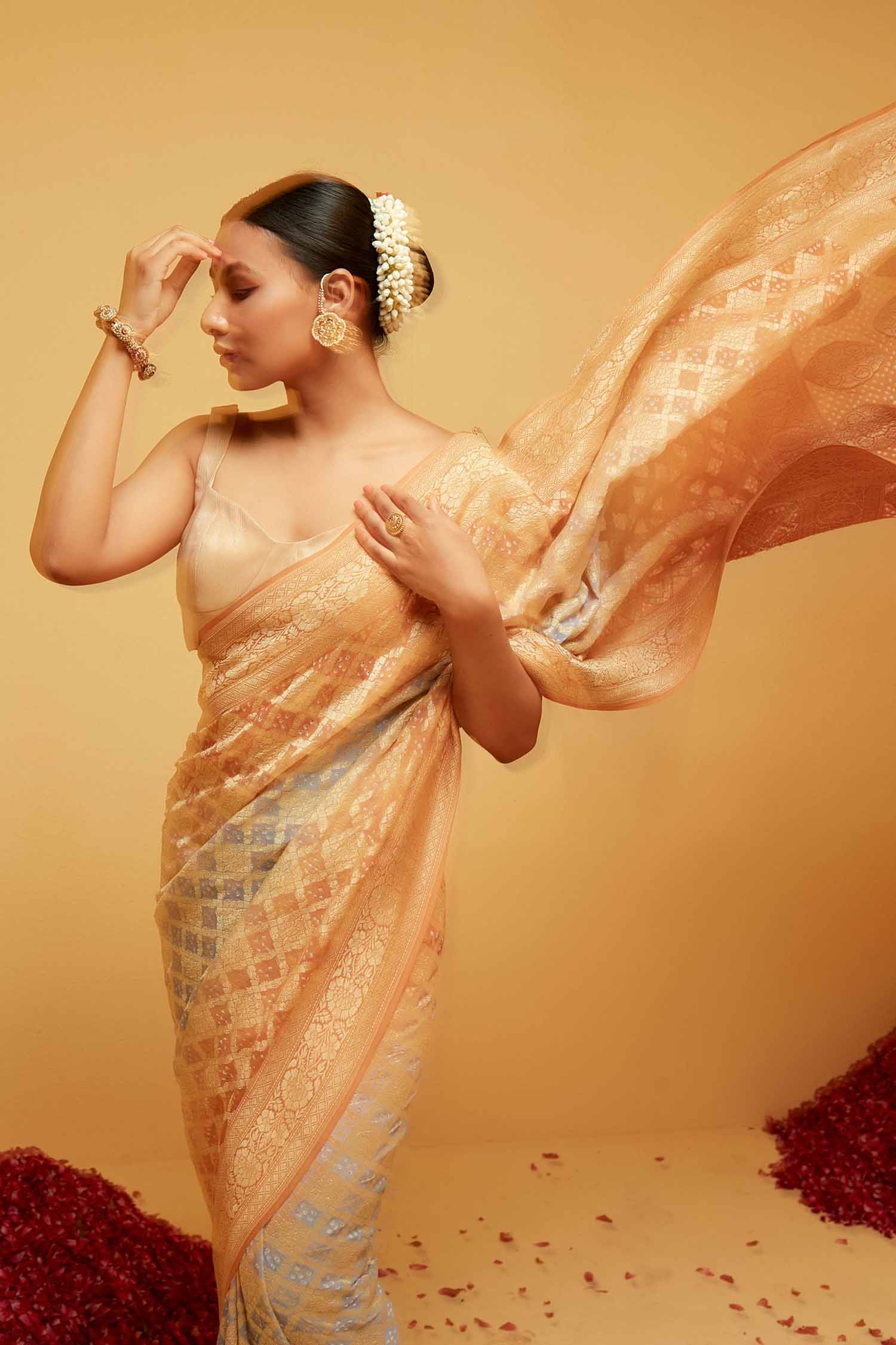 Traditional Georgette Banarasi Bandhani Saree in Light Orange and Blue