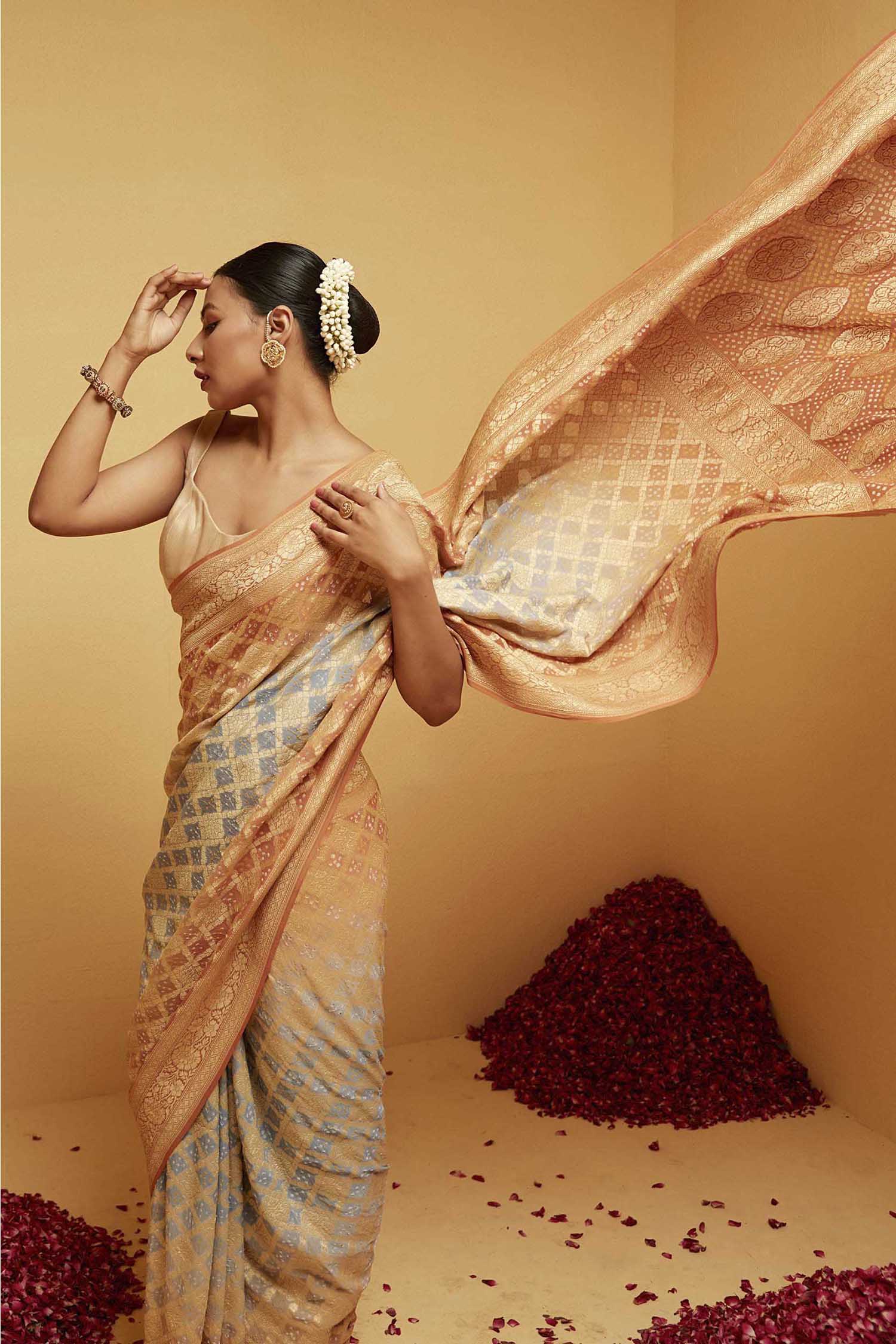 Traditional Georgette Banarasi Bandhani Saree in Light Orange and Blue