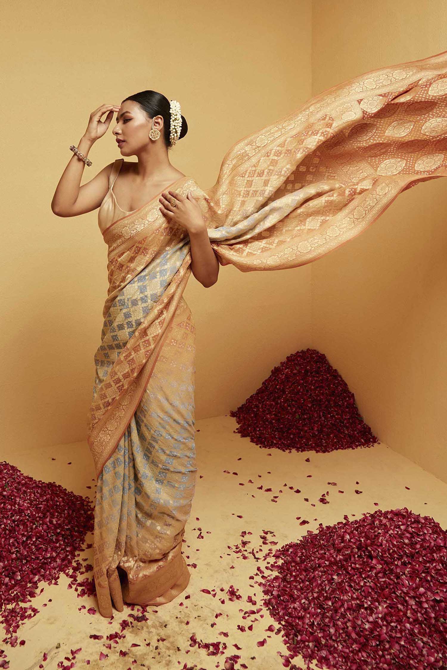 Traditional Georgette Banarasi Bandhani Saree in Light Orange and Blue