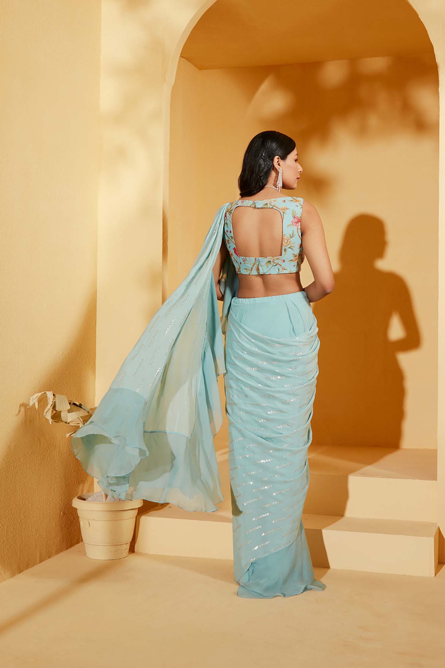 Pre-drape Blue Stunning Ruffle Saree with Elegant Blouse