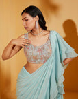 Pre-drape Blue Stunning Ruffle Saree with Elegant Blouse