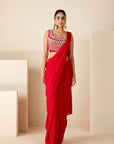 Blush Pink Printed Saree with Elegant Padded Blouse - Red