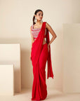 Blush Pink Printed Saree with Elegant Padded Blouse - Red