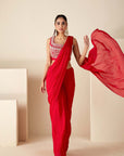 Blush Pink Printed Saree with Elegant Padded Blouse - Red