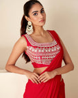Blush Pink Printed Saree with Elegant Padded Blouse - Red