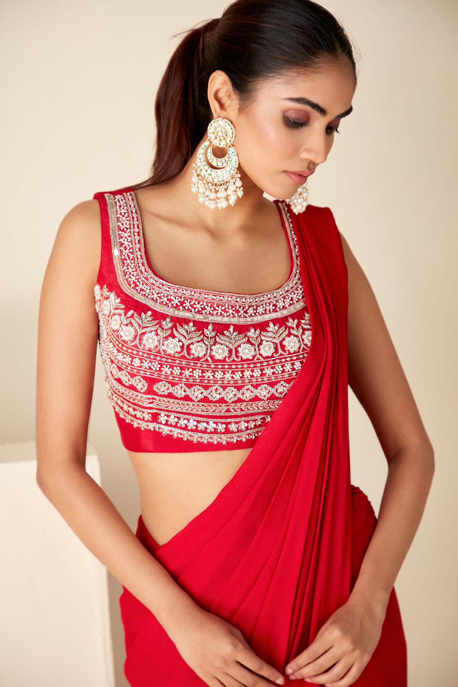 Blush Pink Printed Saree with Elegant Padded Blouse - Red