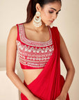 Blush Pink Printed Saree with Elegant Padded Blouse - Red
