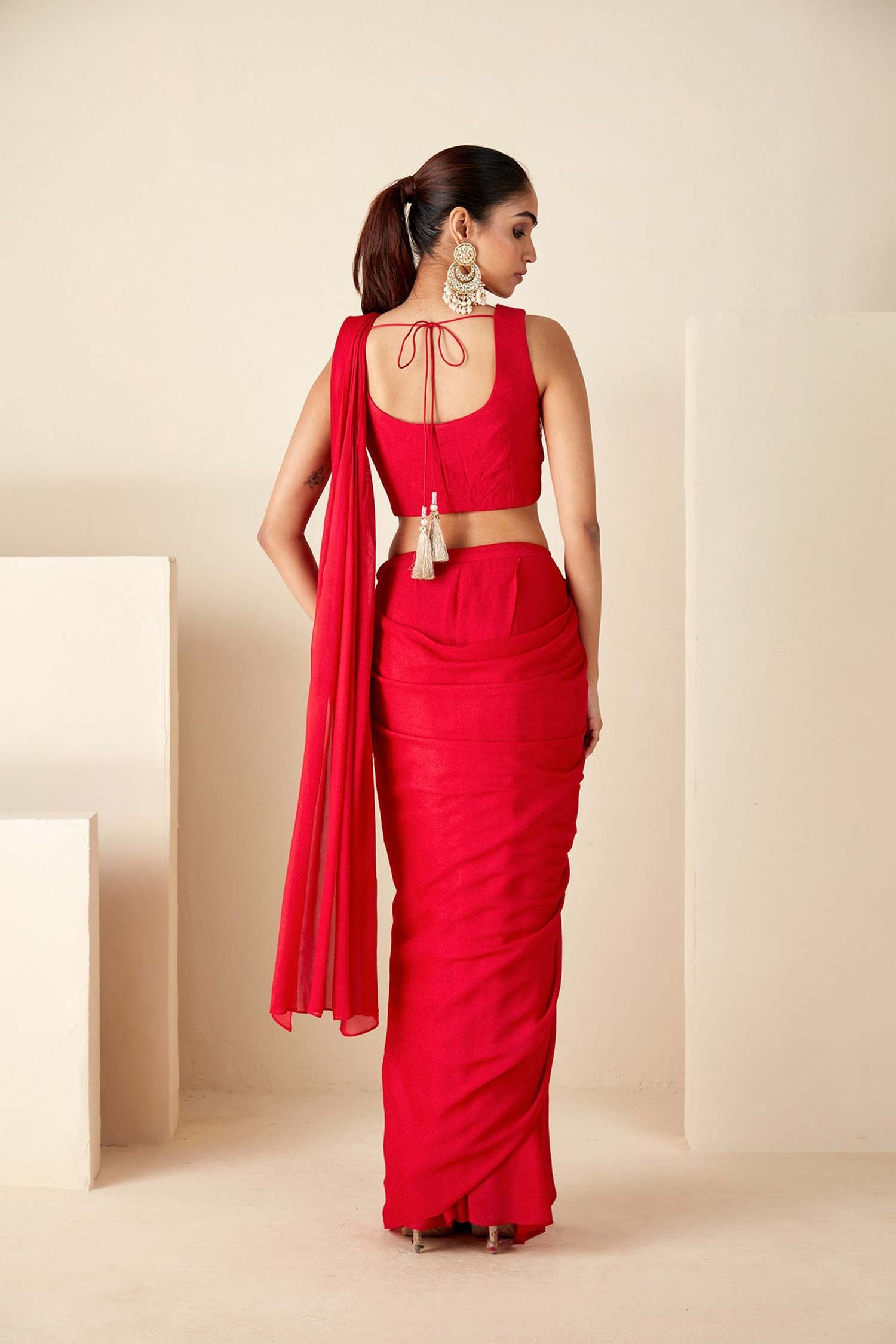 Blush Pink Printed Saree with Elegant Padded Blouse - Red