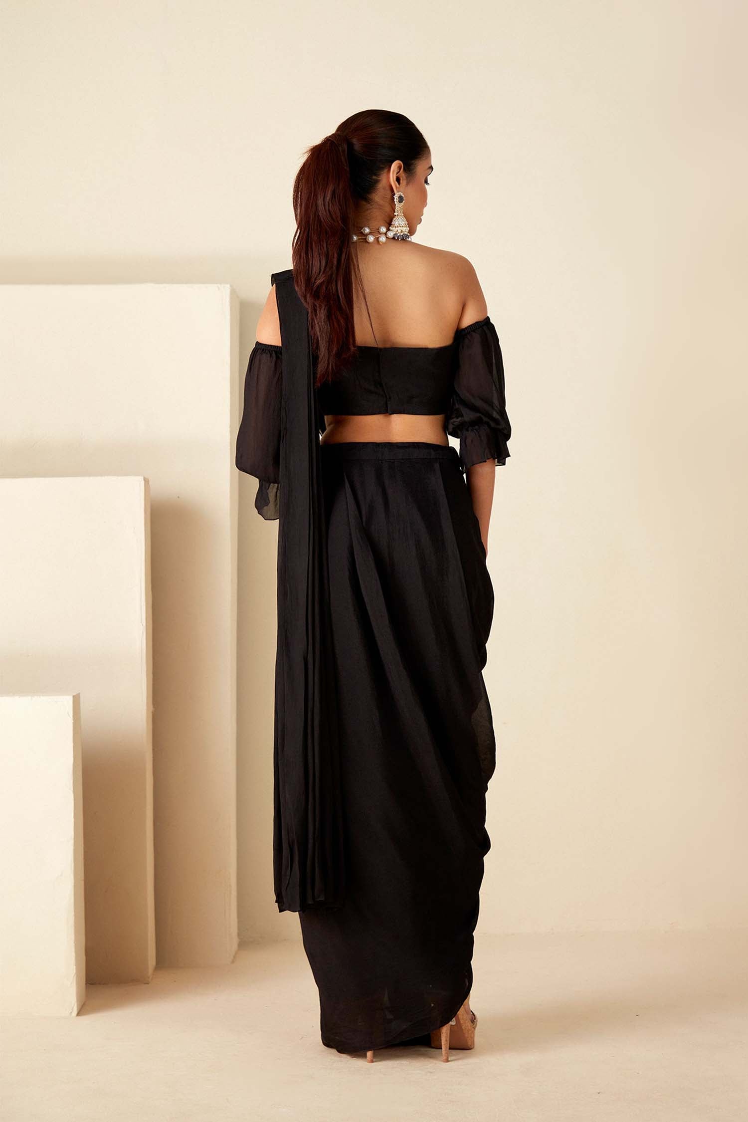 Off Shoulder Pre Drape Saree with Beautifully Hand Embroidered Zardosi