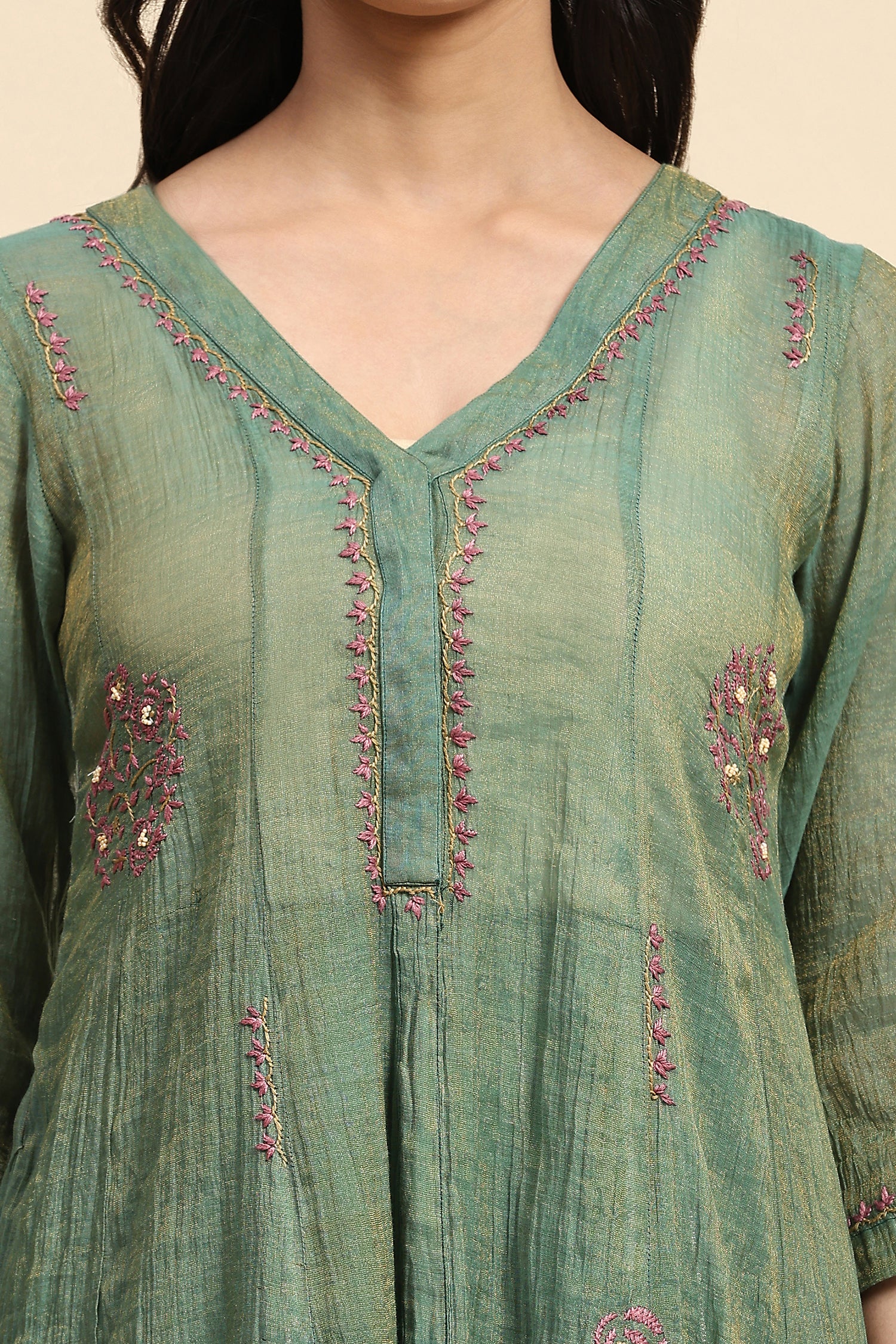 Chikankari Shimmer Anarkali Kurta Set - Green