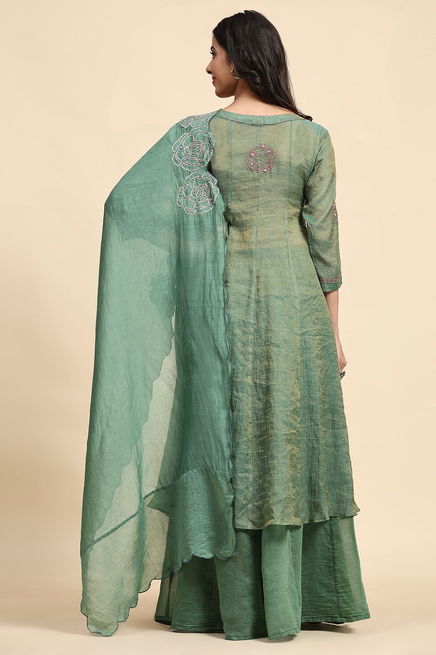 Chikankari Shimmer Anarkali Kurta Set - Green