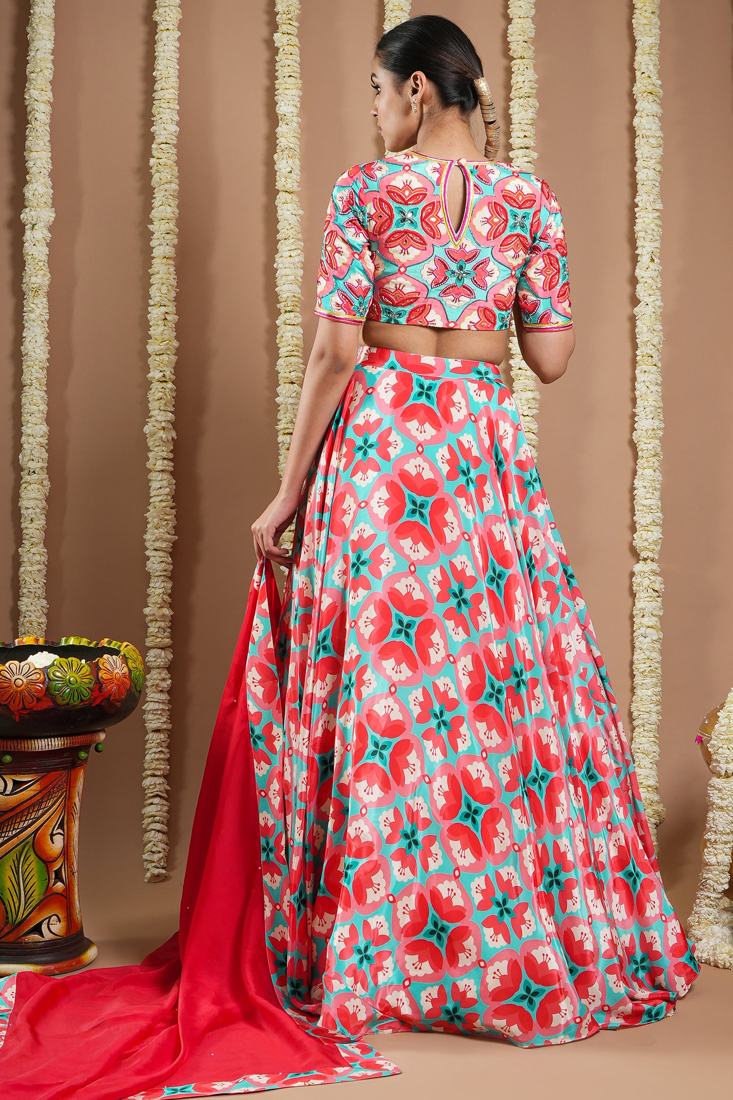 Red Tile Printed Heavy Lehenga Set (Set Of 3)