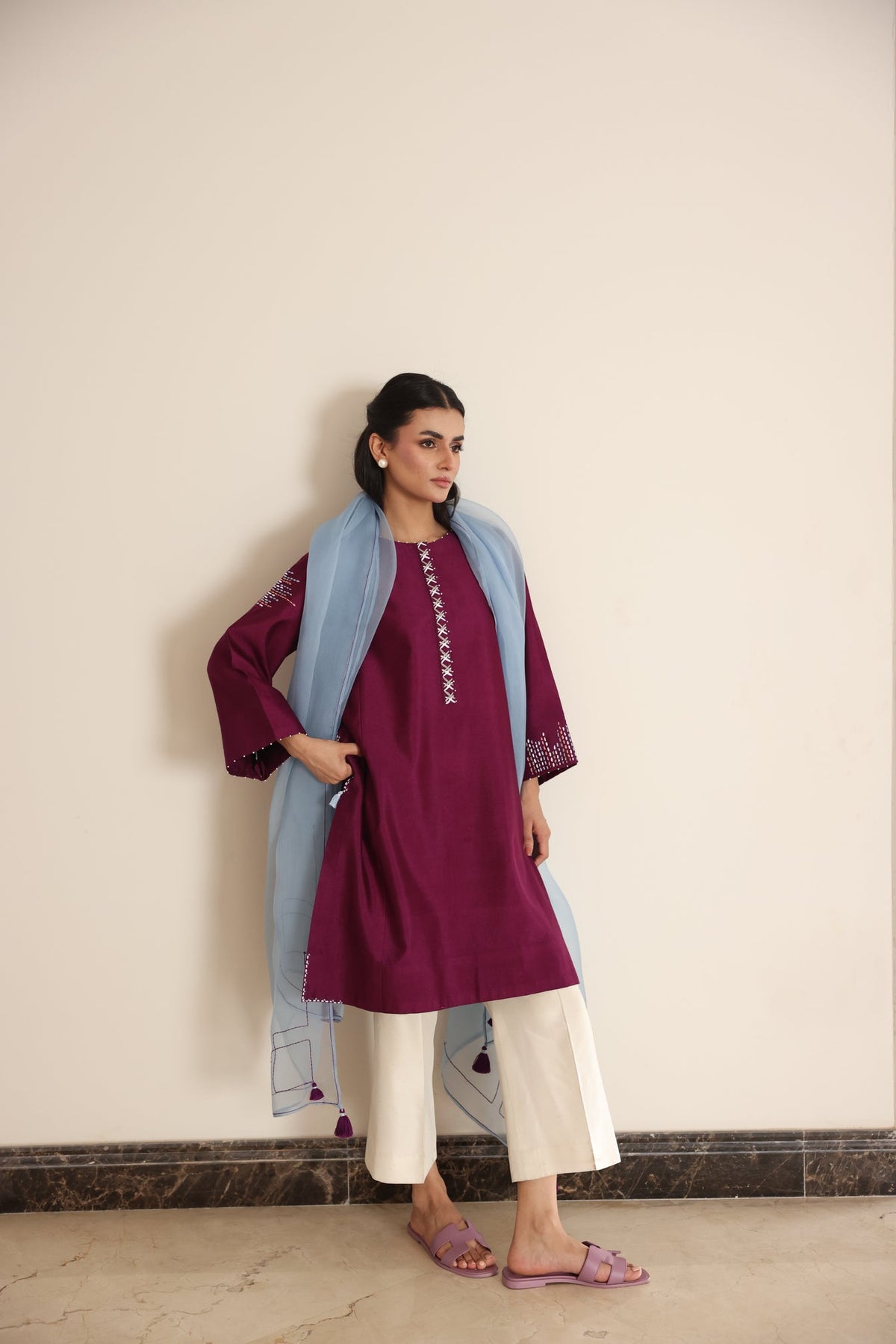 Khushboo &amp; Pankaj Wine Berry Kurta Set with Organza Dupatta
