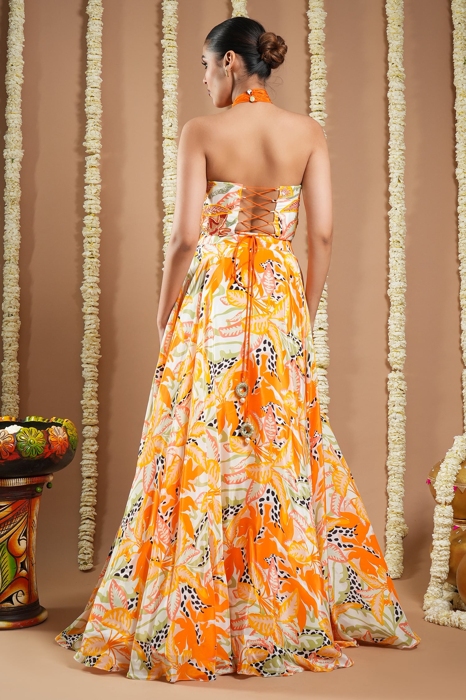 Forest Orange Printed Corset Drape Indo Lehenga Set (Set Of 2)