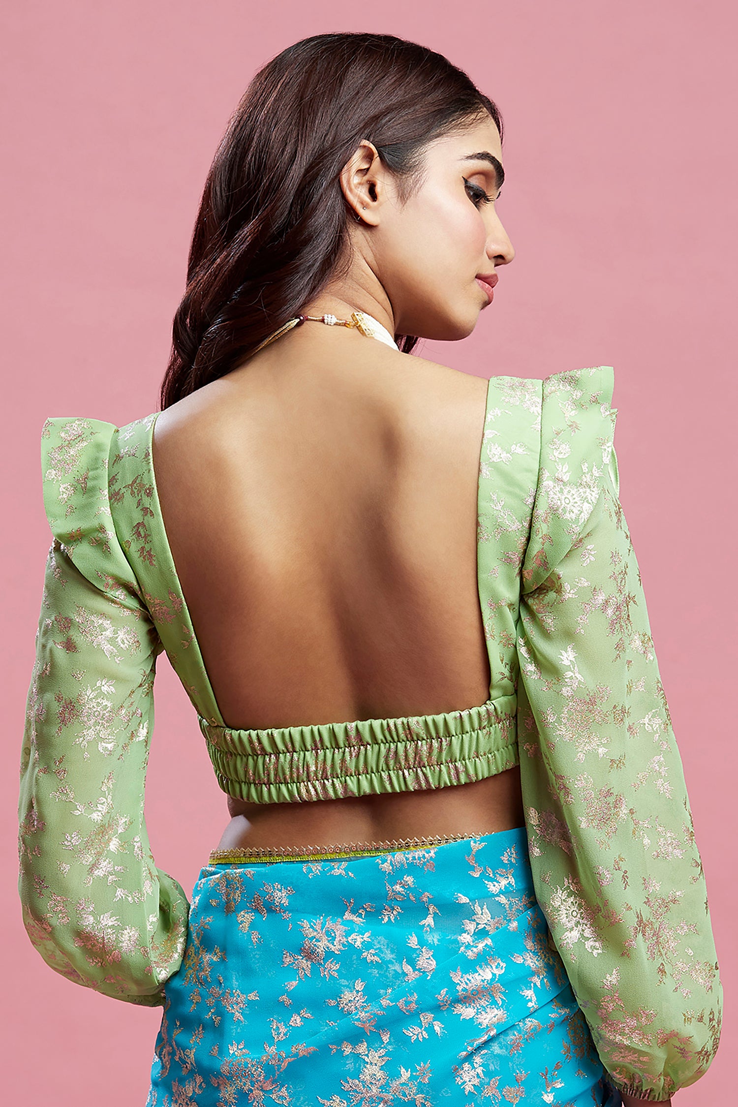 Turquoise Georgette &amp; Recycled Polyester Barfi Saree Set