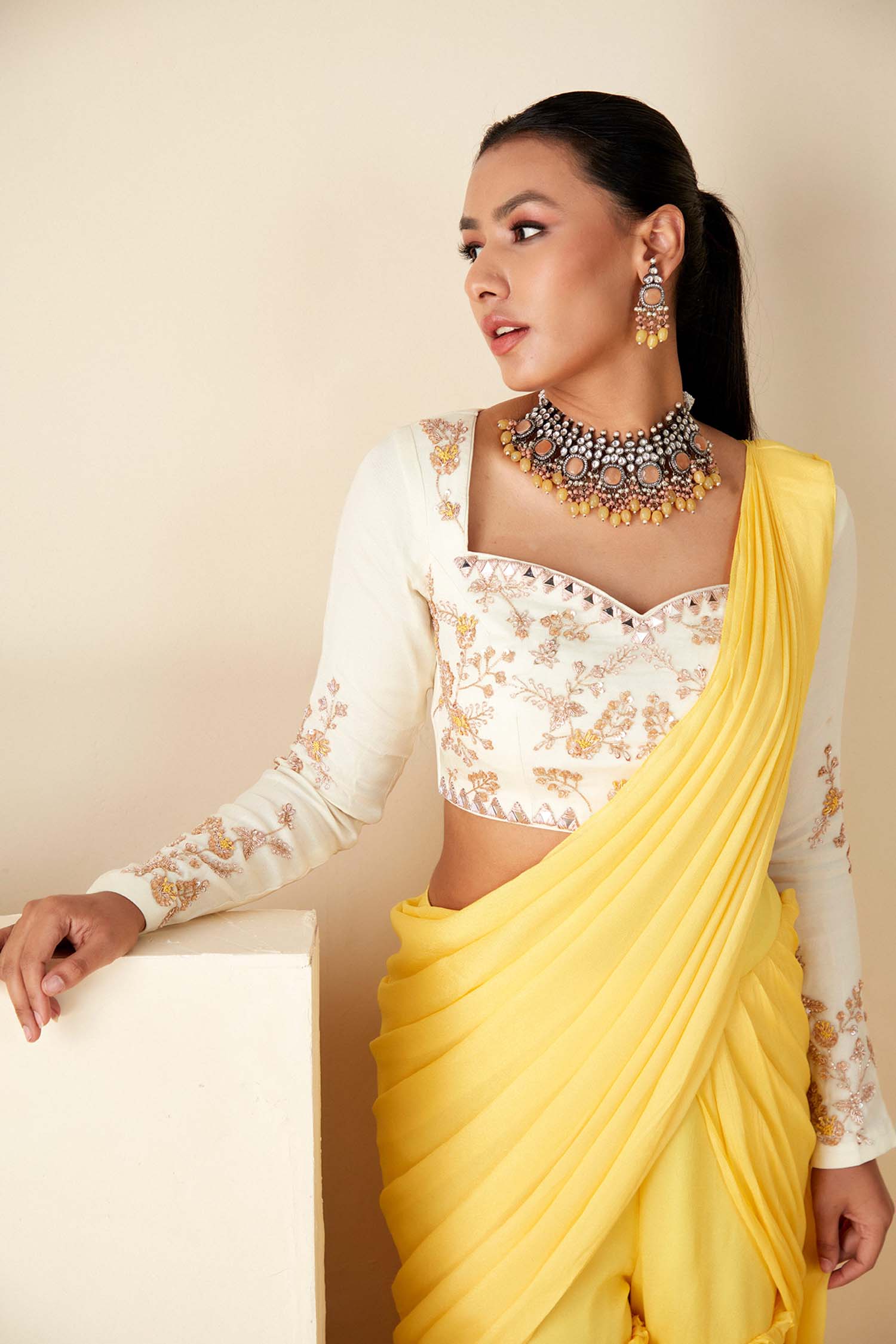 Blush Pink Printed Saree with Elegant Padded Blouse - White