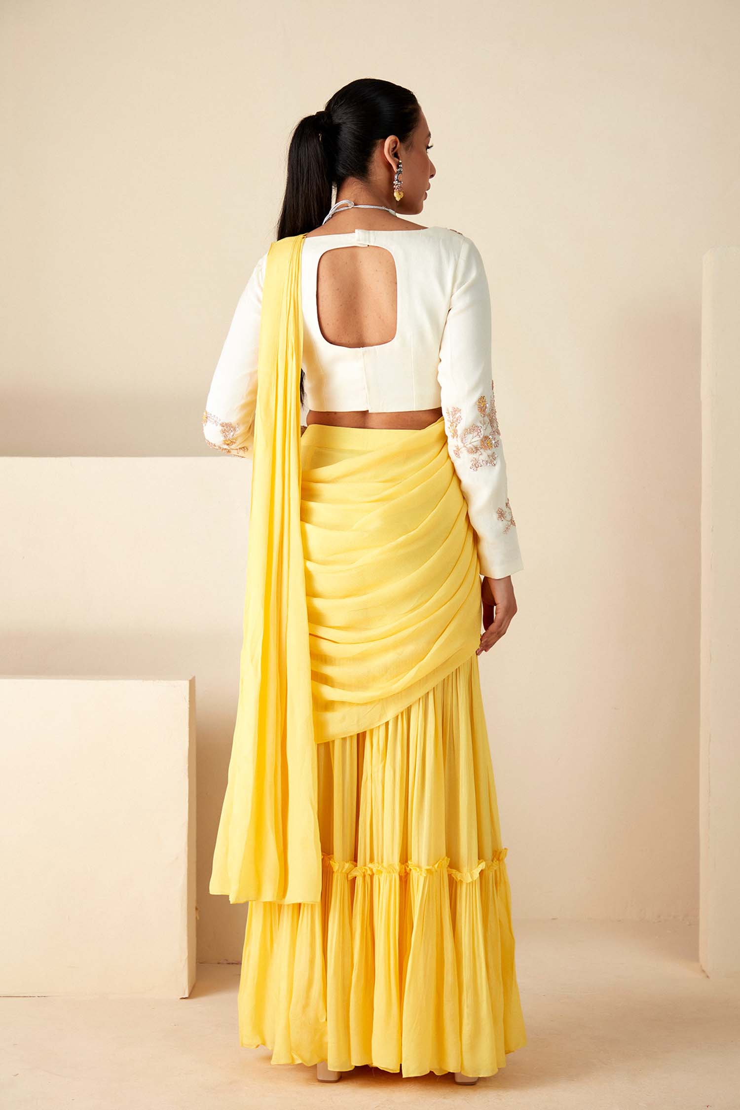 Blush Pink Printed Saree with Elegant Padded Blouse - White