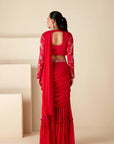 Blush Red Printed Tussar Silk and Georgette Saree with Handcrafted Blouse