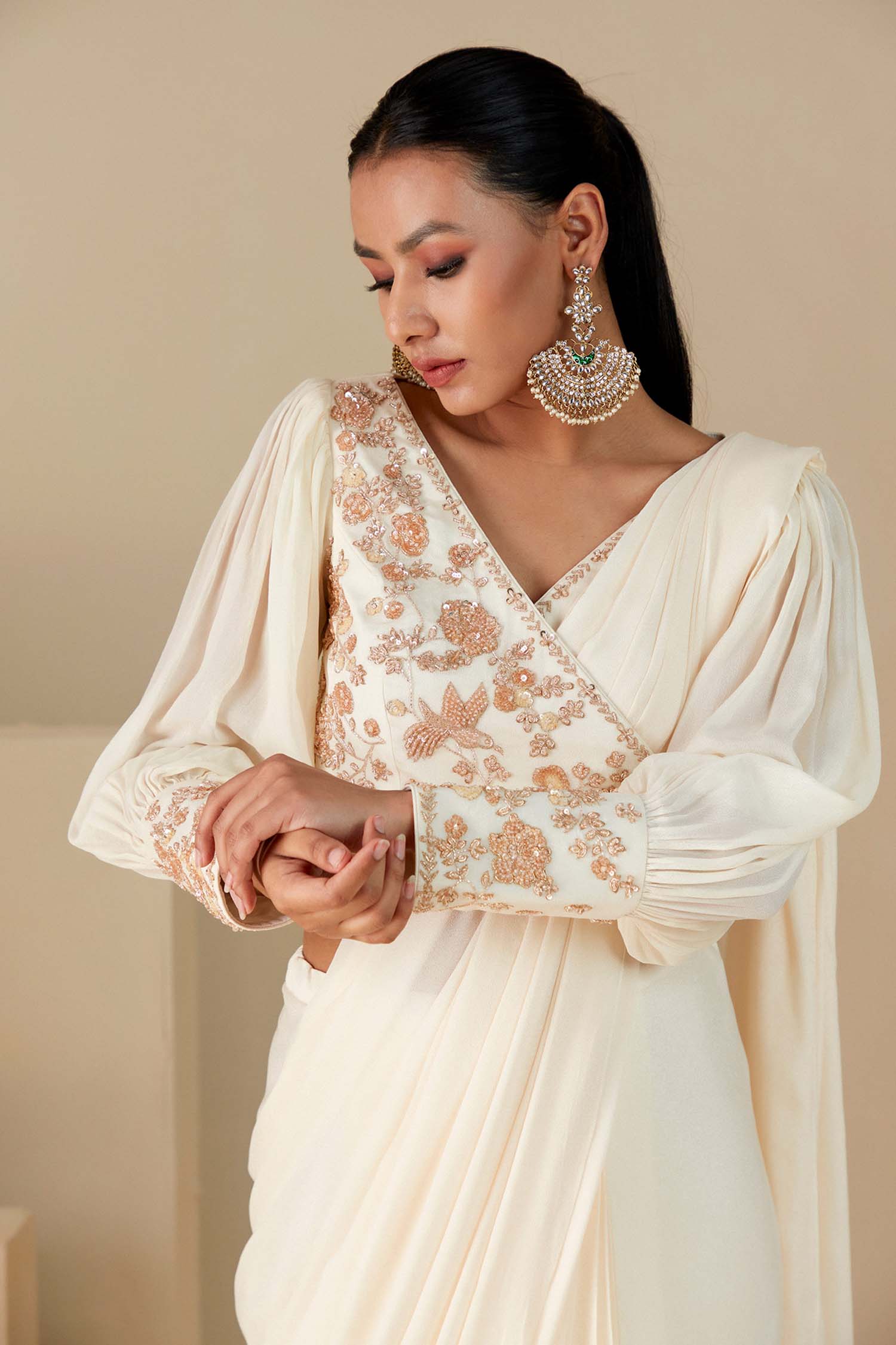 Overlap Blouse with Daunting Handwork pre draped Ruffle Saree