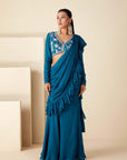 Blue Pre Drape Pant Saree with Ruffle Hand Crafted Blouse.