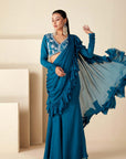 Blue Pre Drape Pant Saree with Ruffle Hand Crafted Blouse.