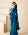 Blue Pre Drape Pant Saree with Ruffle Hand Crafted Blouse.