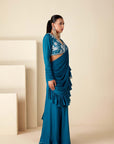 Blue Pre Drape Pant Saree with Ruffle Hand Crafted Blouse.