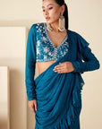 Blue Pre Drape Pant Saree with Ruffle Hand Crafted Blouse.