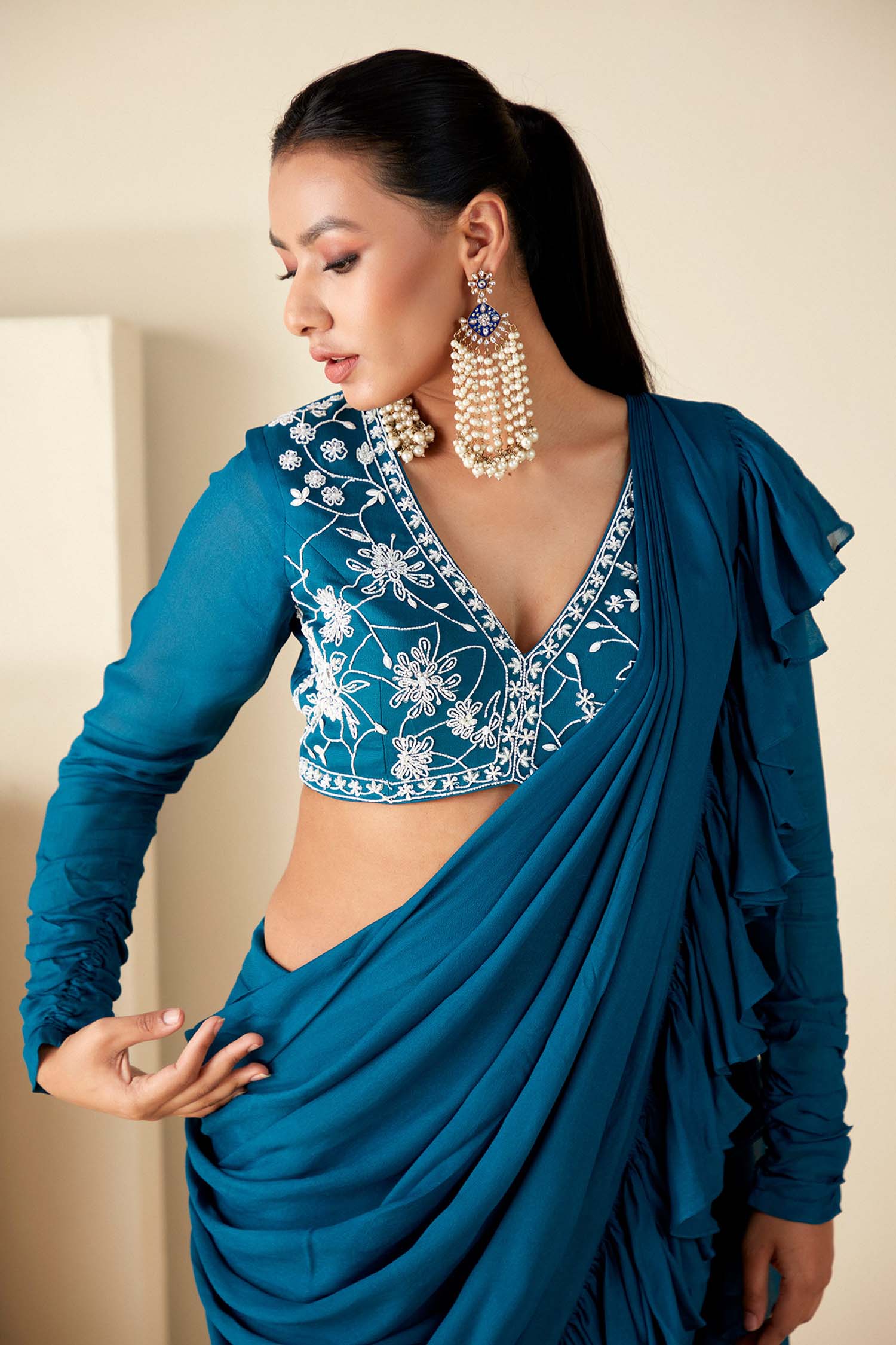 Blue Pre Drape Pant Saree with Ruffle Hand Crafted Blouse.