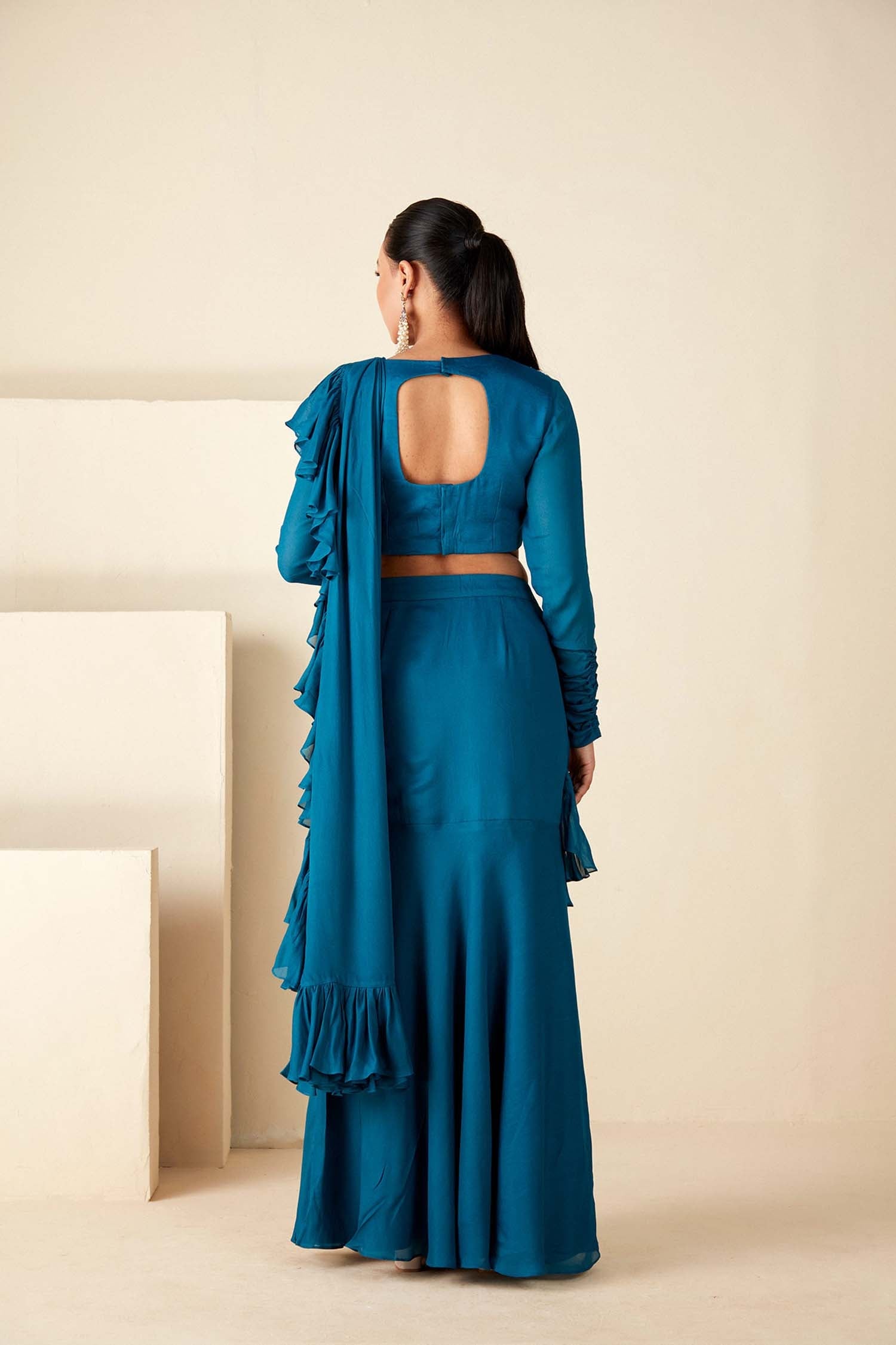 Blue Pre Drape Pant Saree with Ruffle Hand Crafted Blouse.