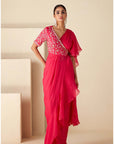 Pre-Draped Ruffle Saree with Floral Embroidered Blouse