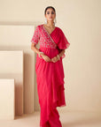 Pre-Draped Ruffle Saree with Floral Embroidered Blouse