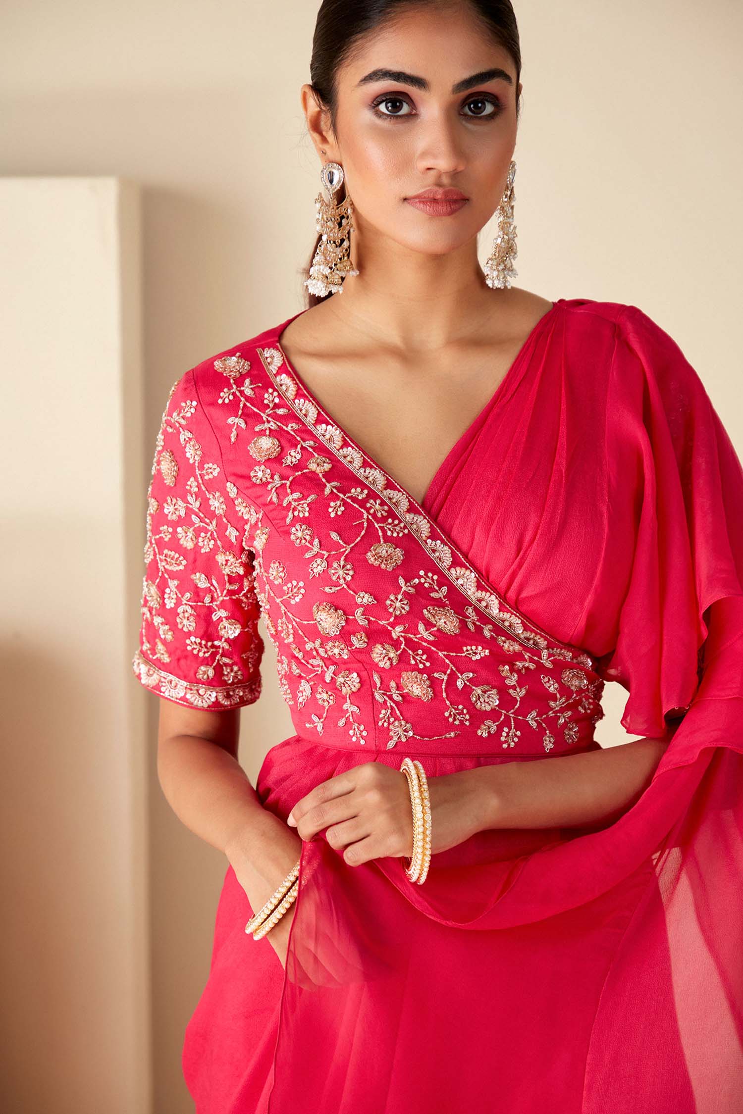 Pre-Draped Ruffle Saree with Floral Embroidered Blouse