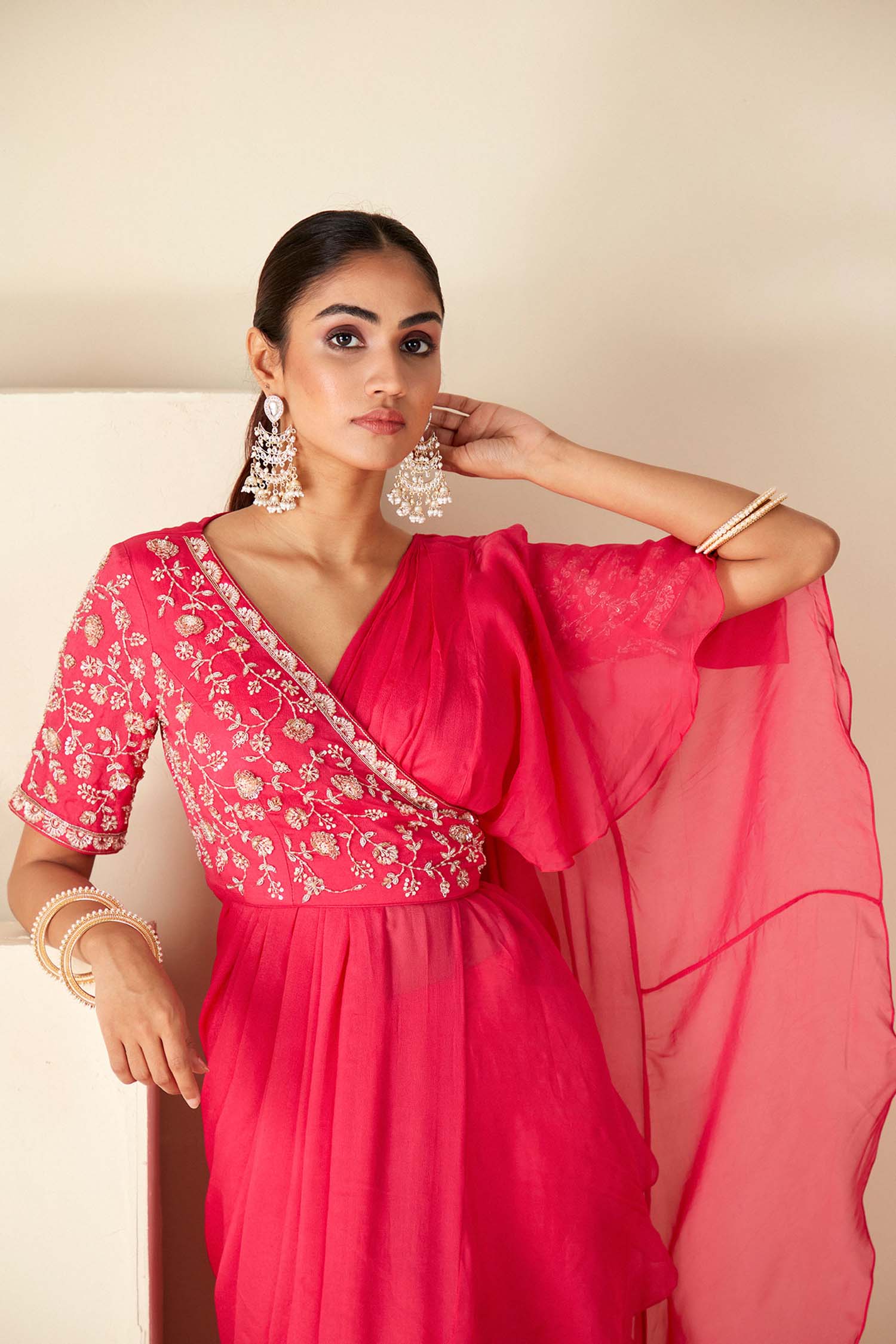 Pre-Draped Ruffle Saree with Floral Embroidered Blouse