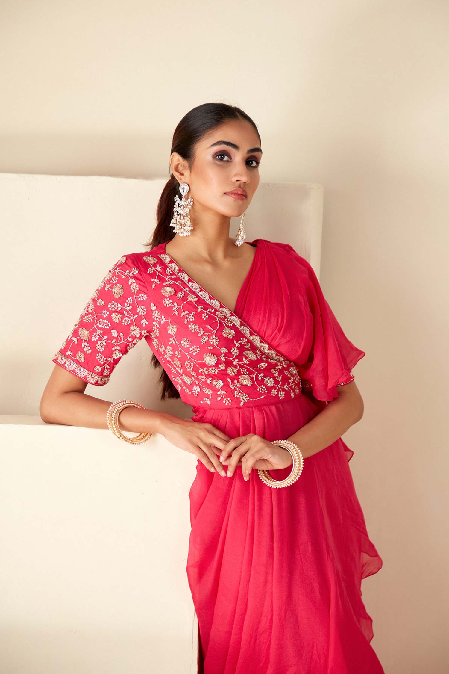 Pre-Draped Ruffle Saree with Floral Embroidered Blouse