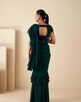 Green Pre Drape Pant Saree with Ruffle Hand Crafted Blouse