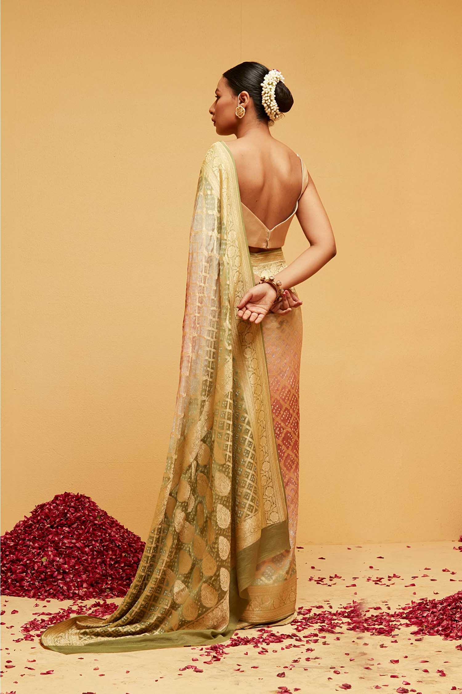 Traditional Georgette Banarasee Bandhani Saree in Green and Dusty Orange
